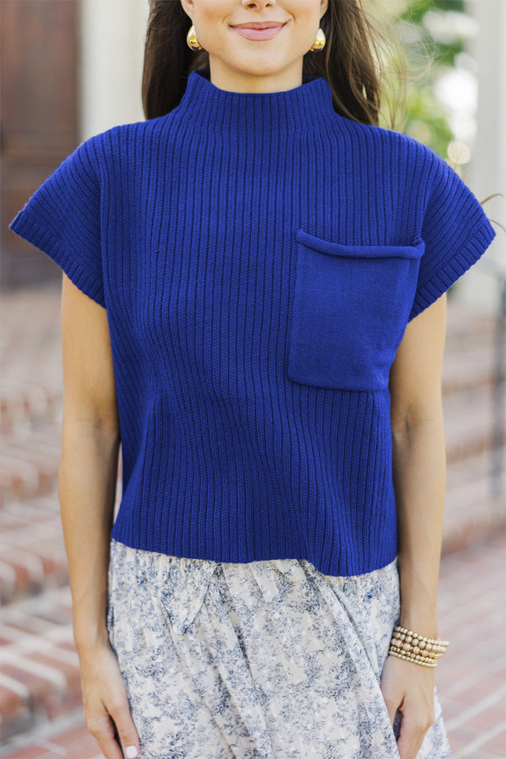 Patch Pocket Ribbed Knit Short Sleeve Sweater