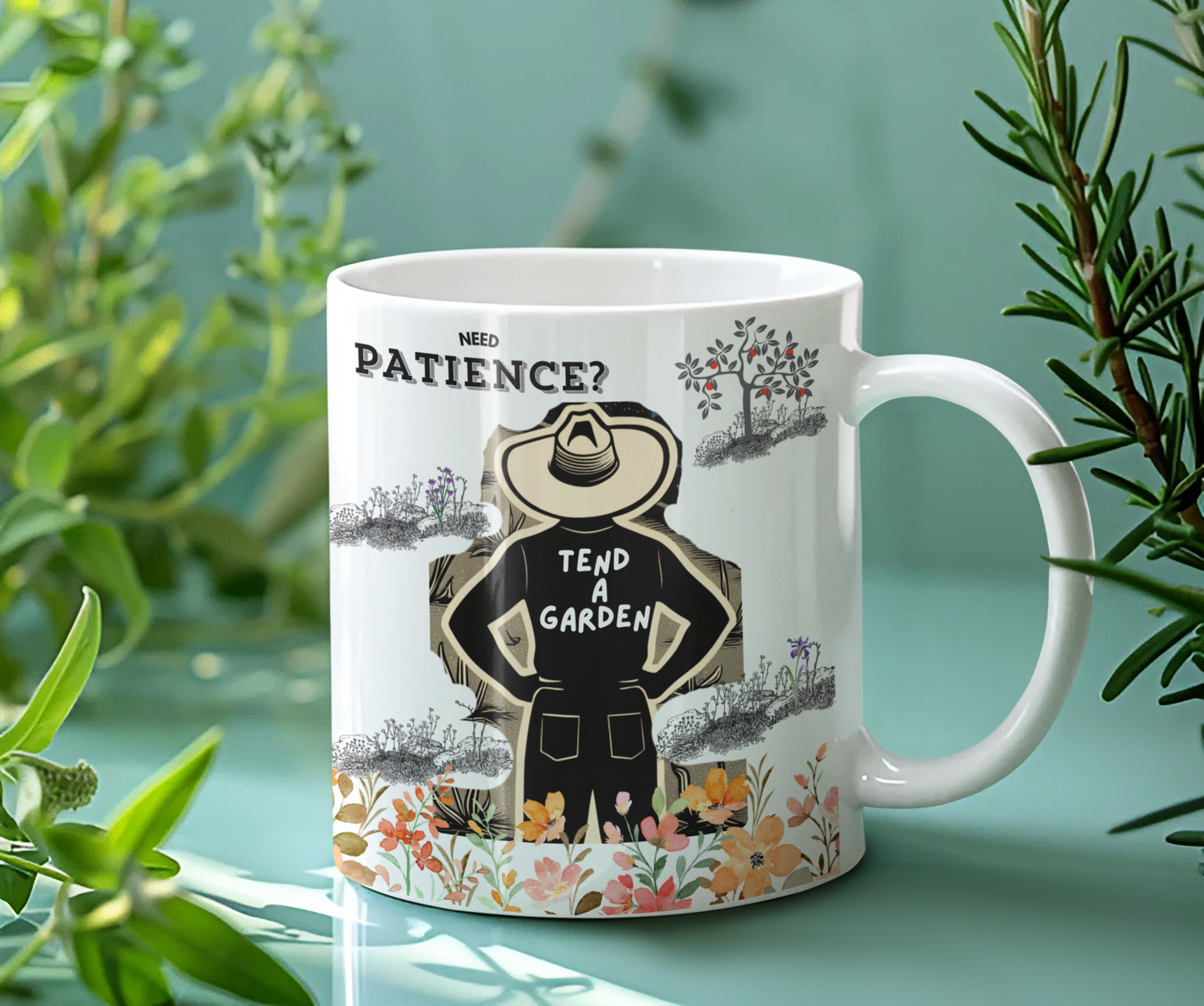 Need Patience? Tend A Garden Funny Gardening Mug 11oz, Gardeners Gift Cup, Gift for Plant Lovers, Ceramic Tea and Coffee Mug