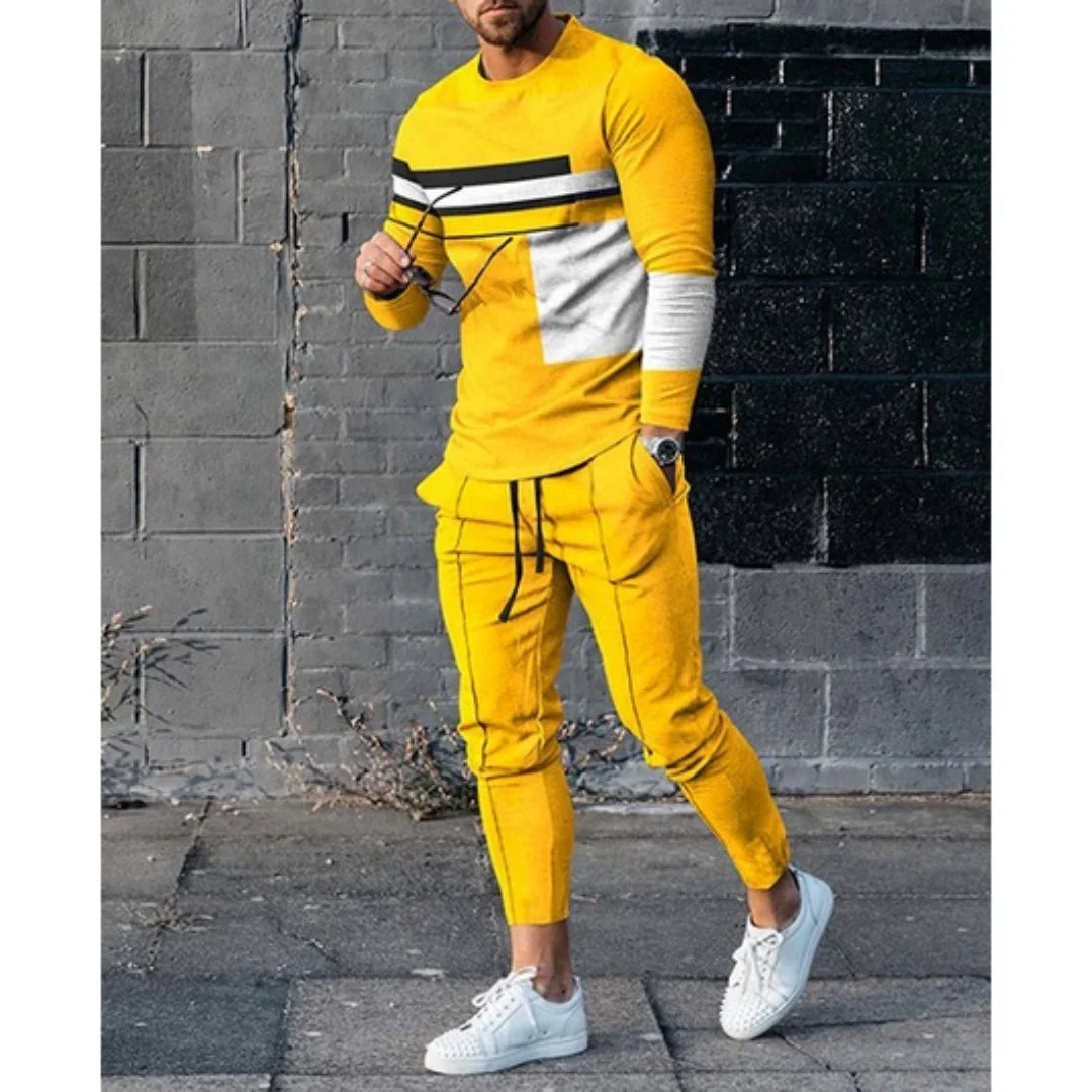 Men's Long Sleeved Casual T Shirt and Trousers 2 Piece Tracksuit