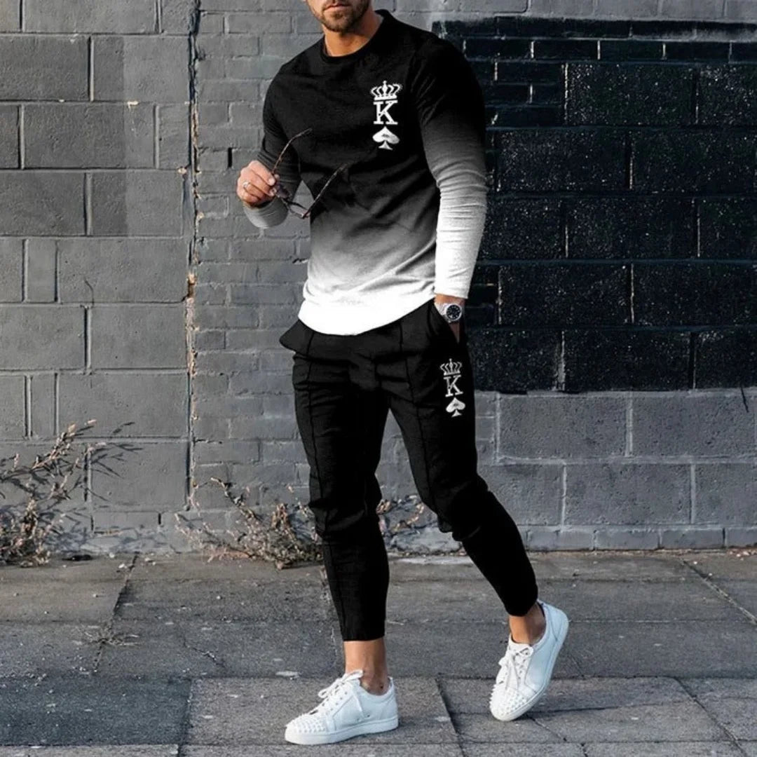Men's Long Sleeved Casual T Shirt and Trousers 2 Piece Tracksuit