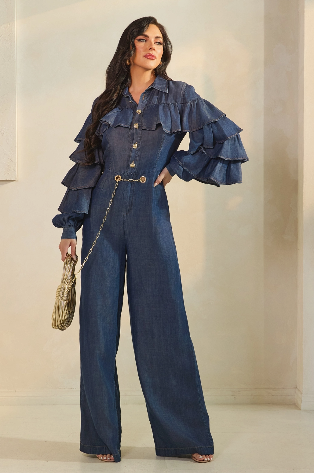 Layered Ruffle Sleeve Jumpsuit with Grommet Belt Detail