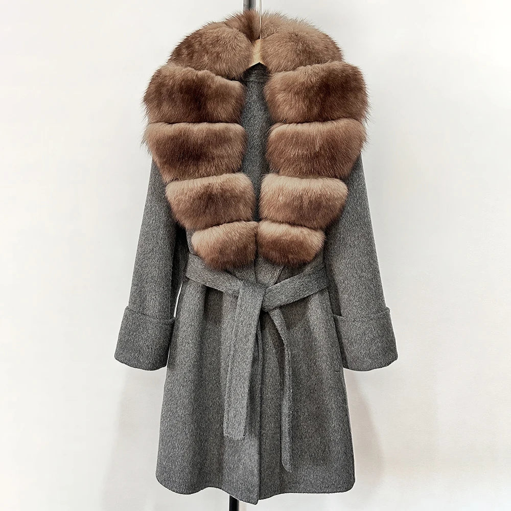 Women's Cashmere-Wool-Blend Fox Fur Collared Coat