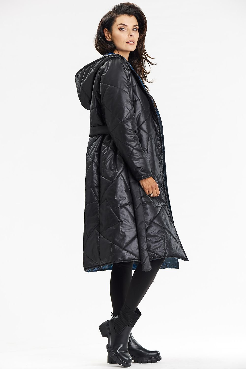Quilted Hooded Waist Belt Coat