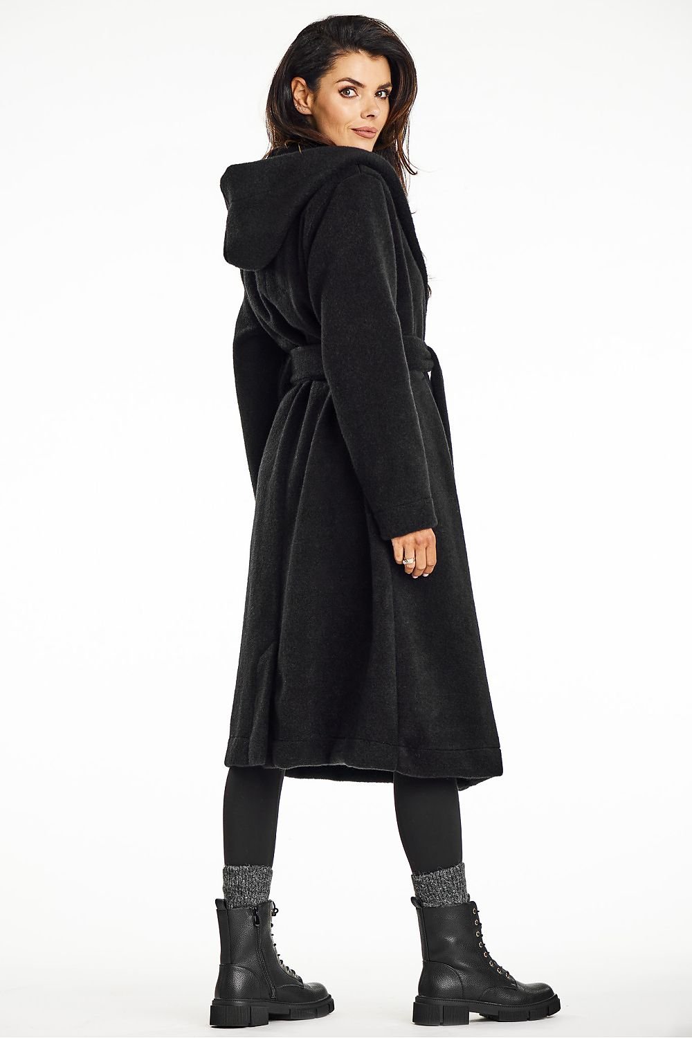 Midi-Length Hooded Coat with Button Closure