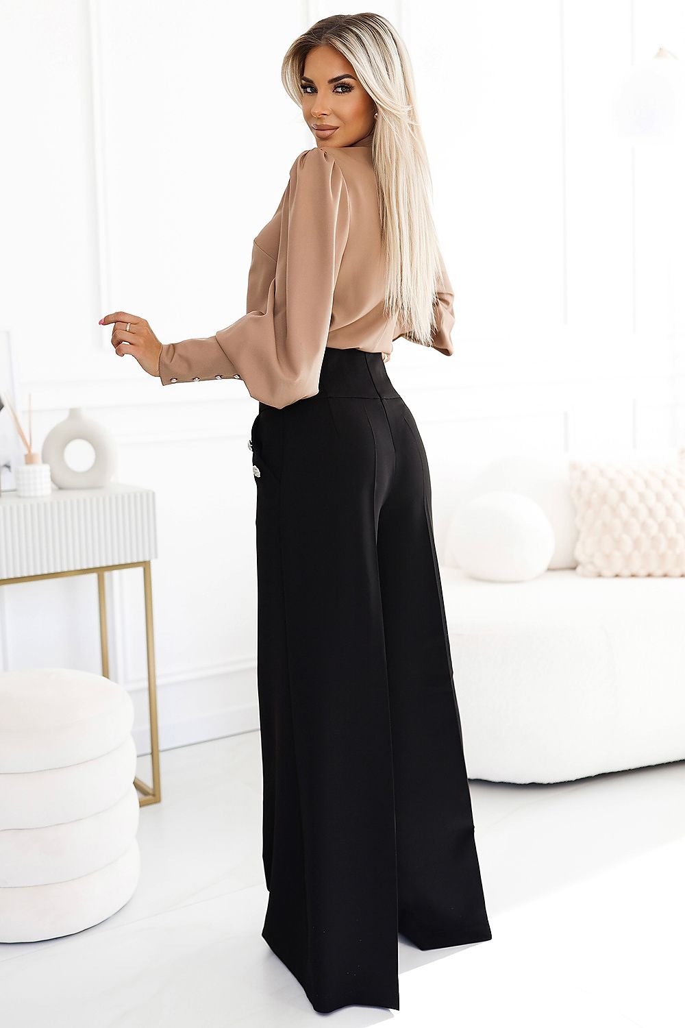 Numoco Gold Button Accent Wide-Leg Trousers