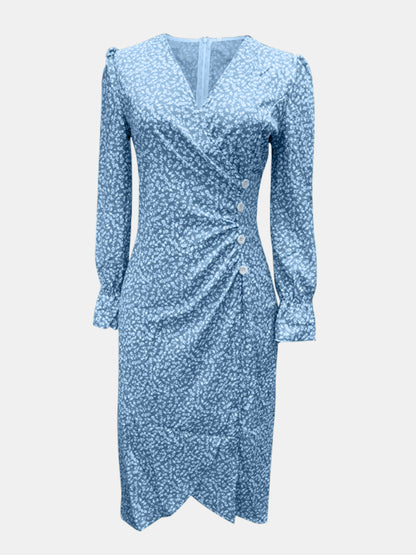 Printed Surplice Long Sleeve Midi Dress