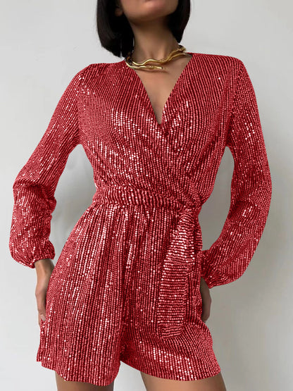 Sequin Surplice Tie Waist Long Sleeve Romper