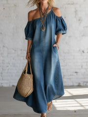 Asymmetrical Neck Denim Maxi Dress