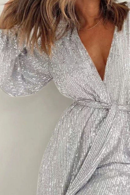 Sequin Surplice Tie Waist Long Sleeve Romper