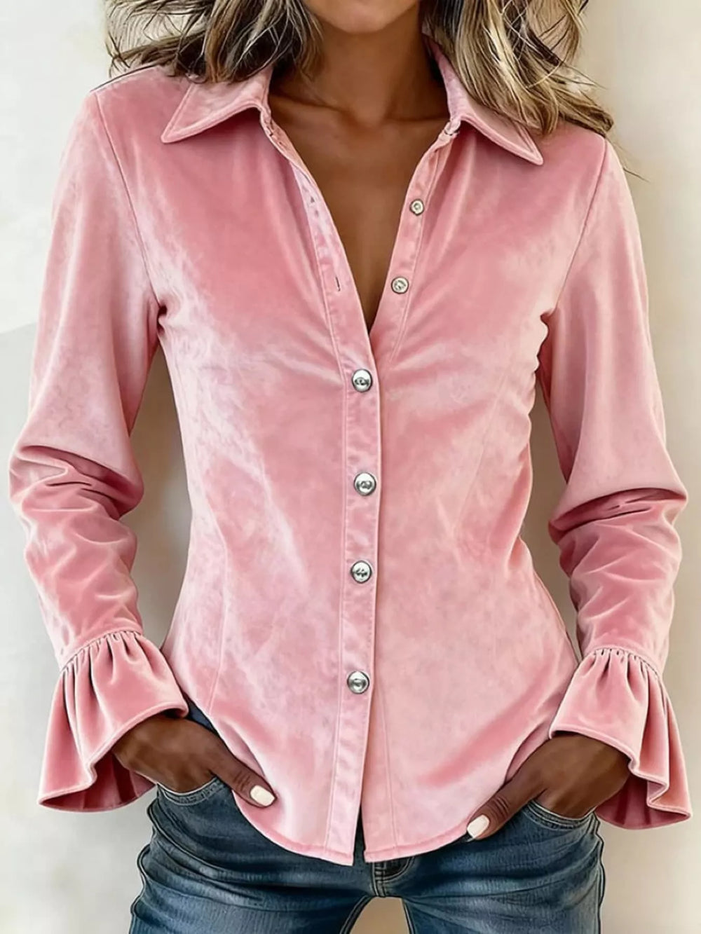Button Up Flounce Sleeve Shirt
