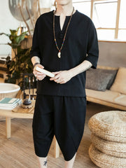 Men's Notched Half Sleeve Top and Cropped Pants Set