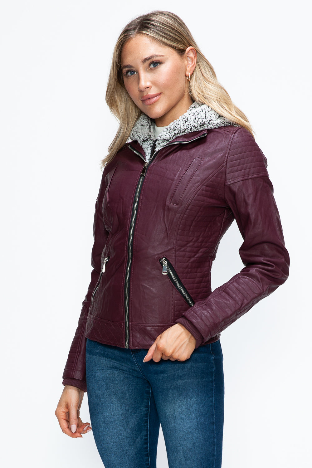 Women's Faux Layered Double-Zipper Jacket with Fuzzy Hood