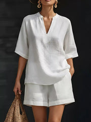 Notched Half Sleeve Top and Shorts Set