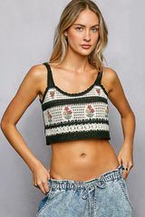 POL Floral Embroidered Cropped Crochet Cami with Scalloped Hem
