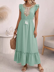 Tie Neck Ruffle Sleeve Maxi Dress