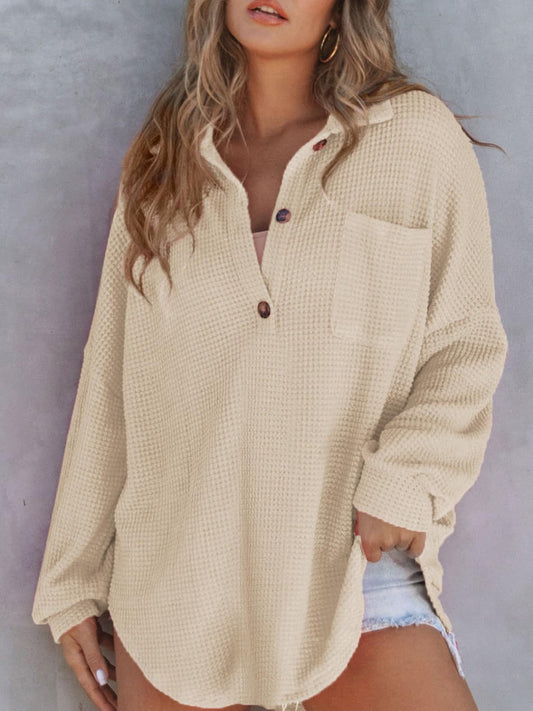 Waffle-Knit Dropped Shoulder Long Sleeve Half Button Shirt