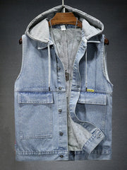 Men's Hooded Denim Vest with Fleece Lining
