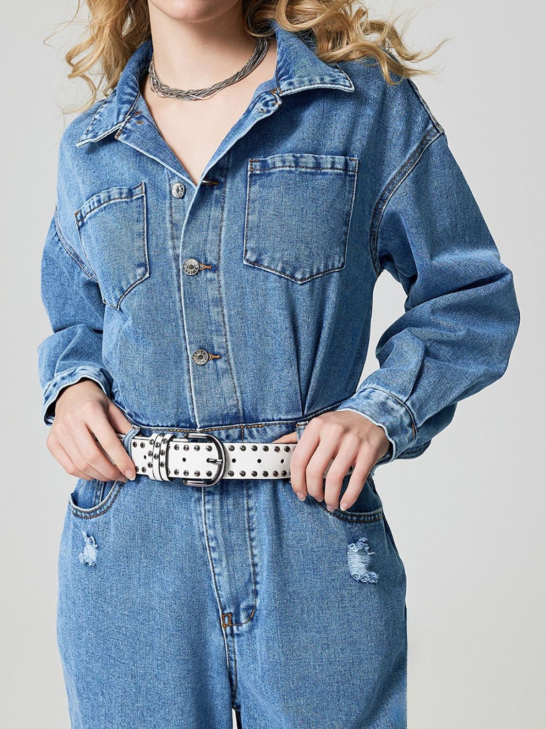 Distressed Button Down Drop Shoulder Denim Jumpsuit