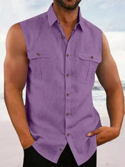 Men's Sleeveless Button-Up Shirt with Chest Pockets
