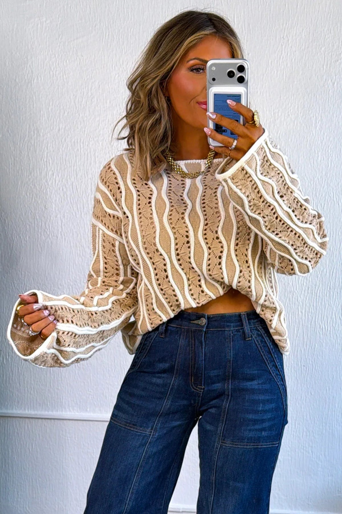 Pink Wavy Detail Hollow Out Knit Long Sleeve Cotton Pullover Sweater