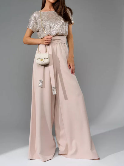 Sequin Round Neck Short Sleeve Wide Leg Jumpsuit