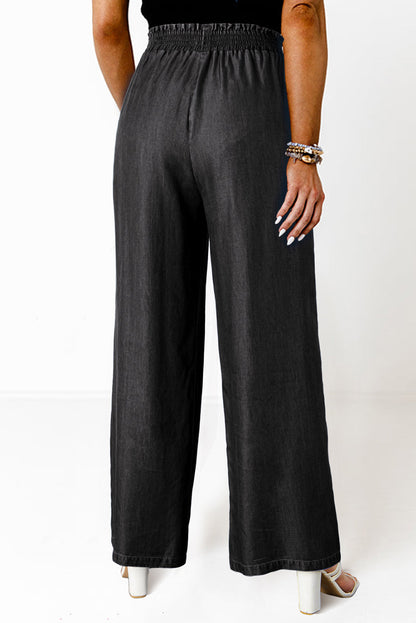 Frilled Smocked High Waist Wide Leg Jeans