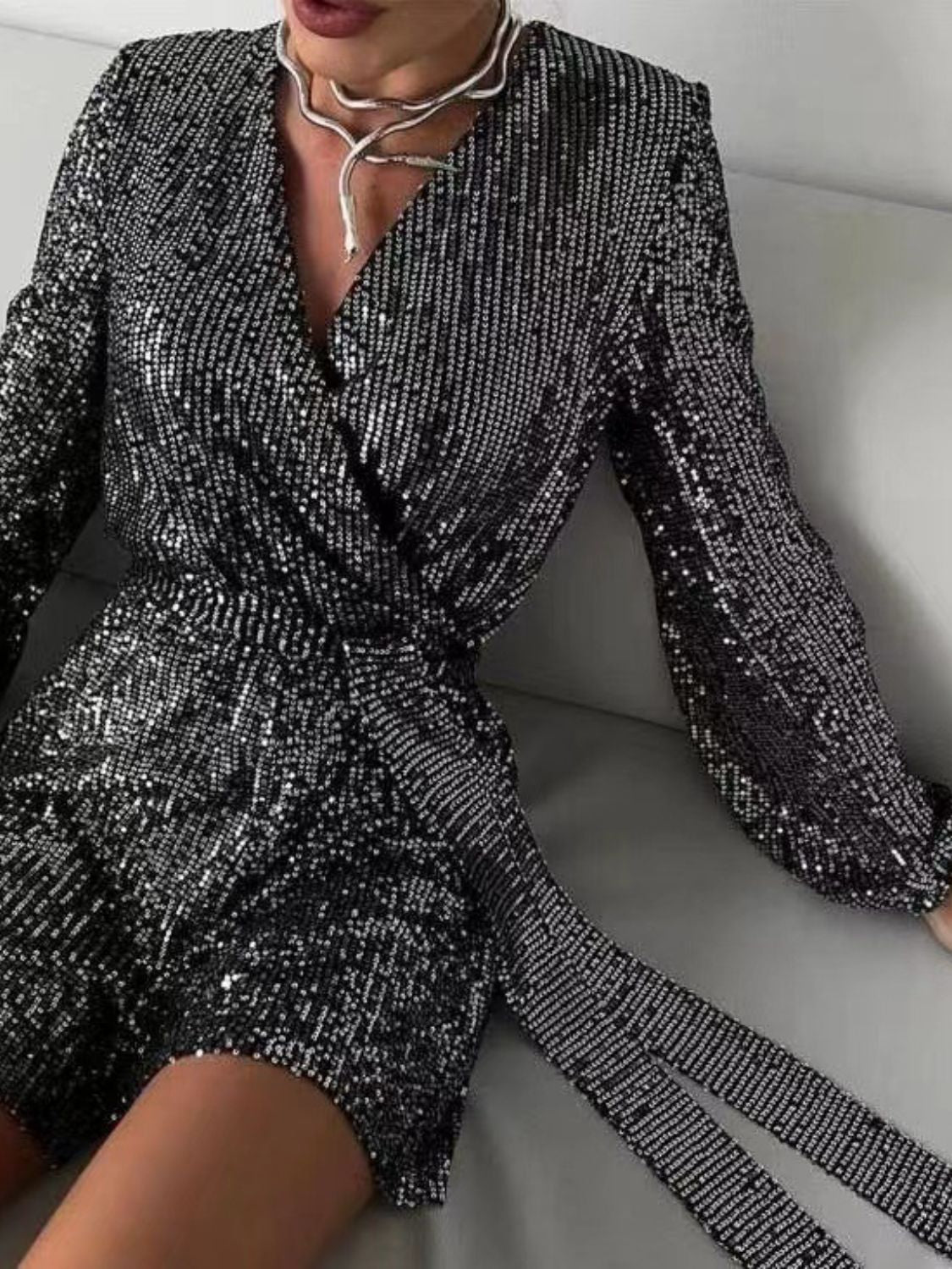 Sequin Surplice Tie Waist Long Sleeve Romper