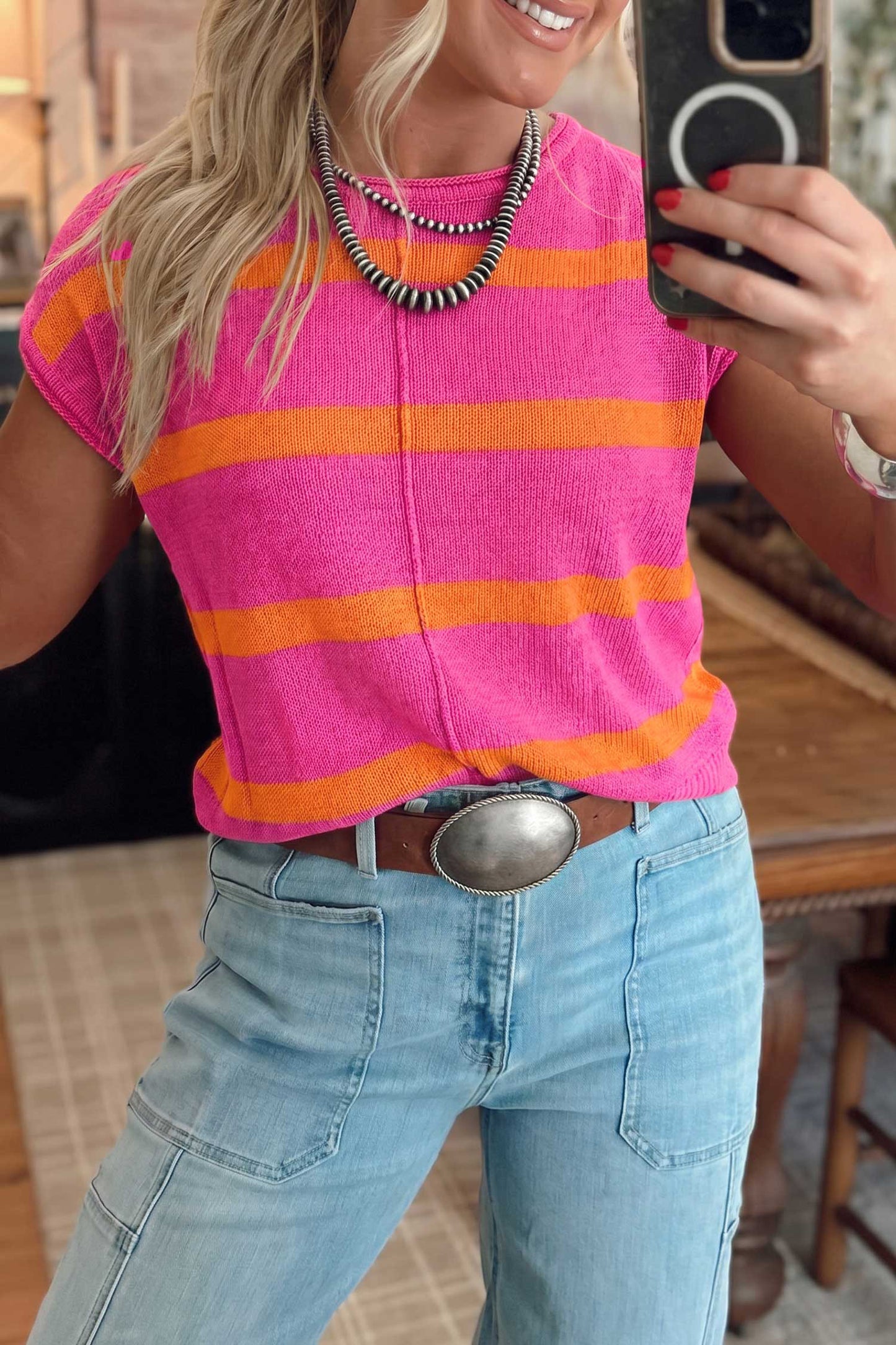 Rose Stripe Knit Western Short Sleeve Sweater