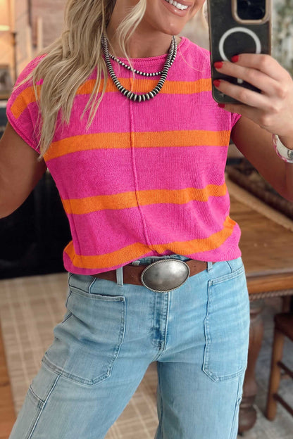 Rose Stripe Knit Western Short Sleeve Sweater