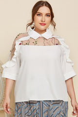 Plus Size Embroidered Ruffle Trim Collared Blouse