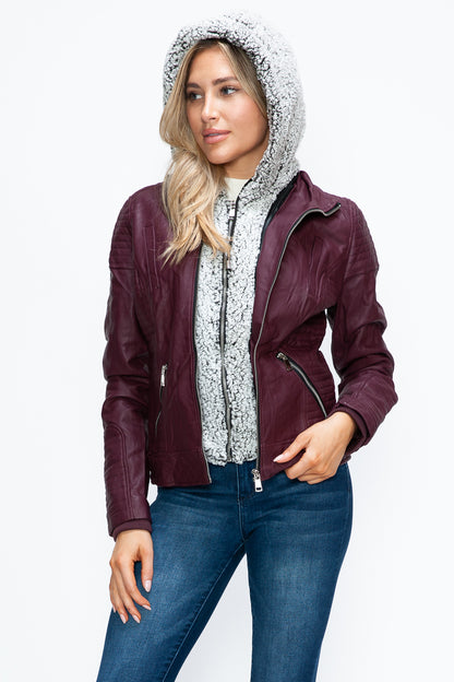 Women's Faux Layered Double-Zipper Jacket with Fuzzy Hood