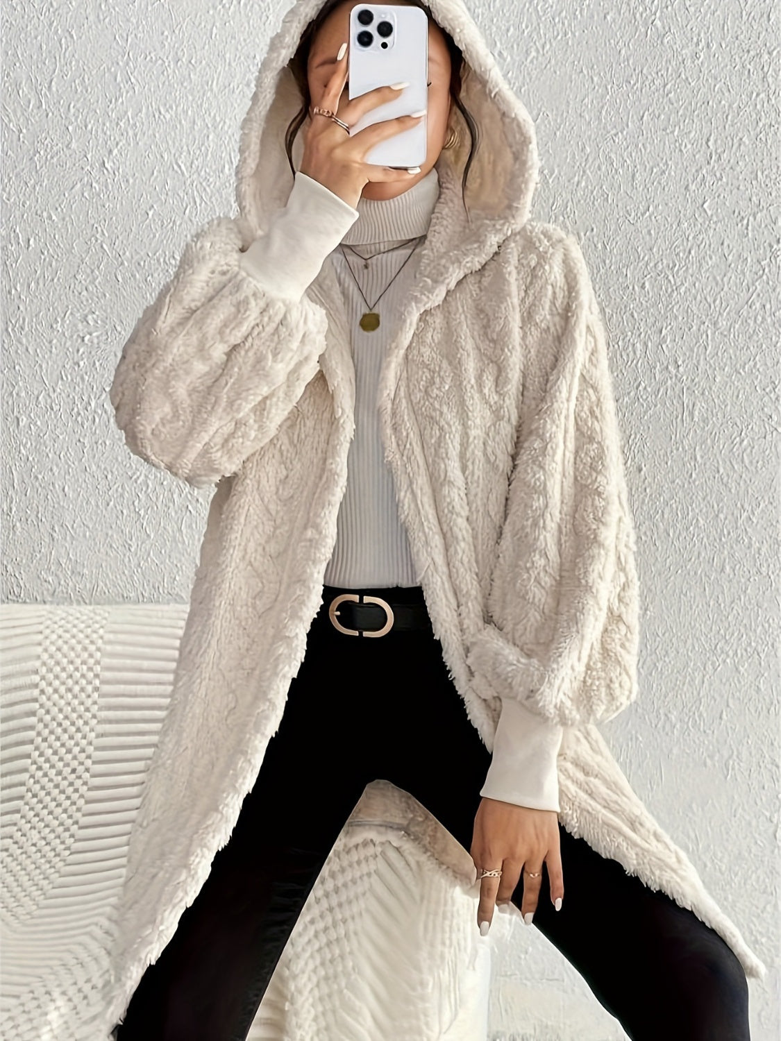 Women's Open Front Long Sleeve Fuzzy Hooded Jacket