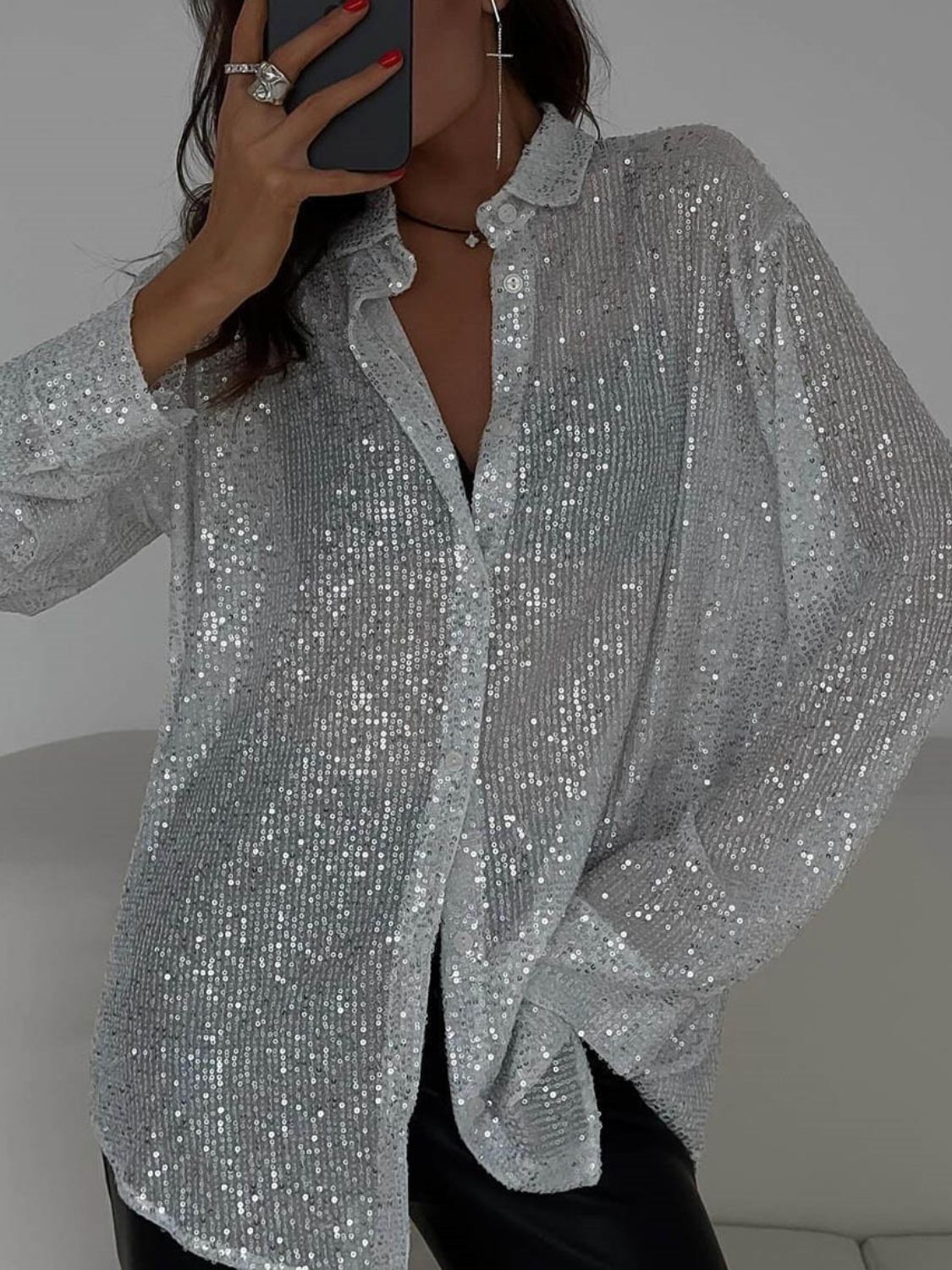 Sequin Button Up Long Sleeve Shirt