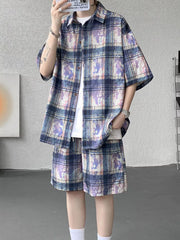 Men's Casual Plaid Print Shirt & Shorts Set