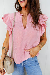 Split Neck Double Ruffled Short Sleeve Blouse