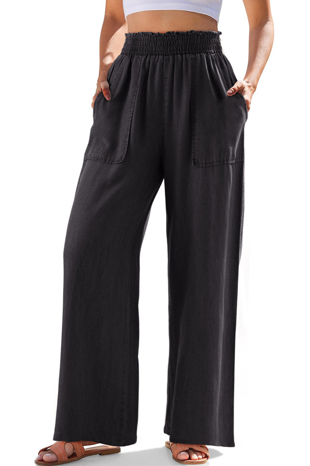 Frilled Smocked High Waist Wide Leg Jeans