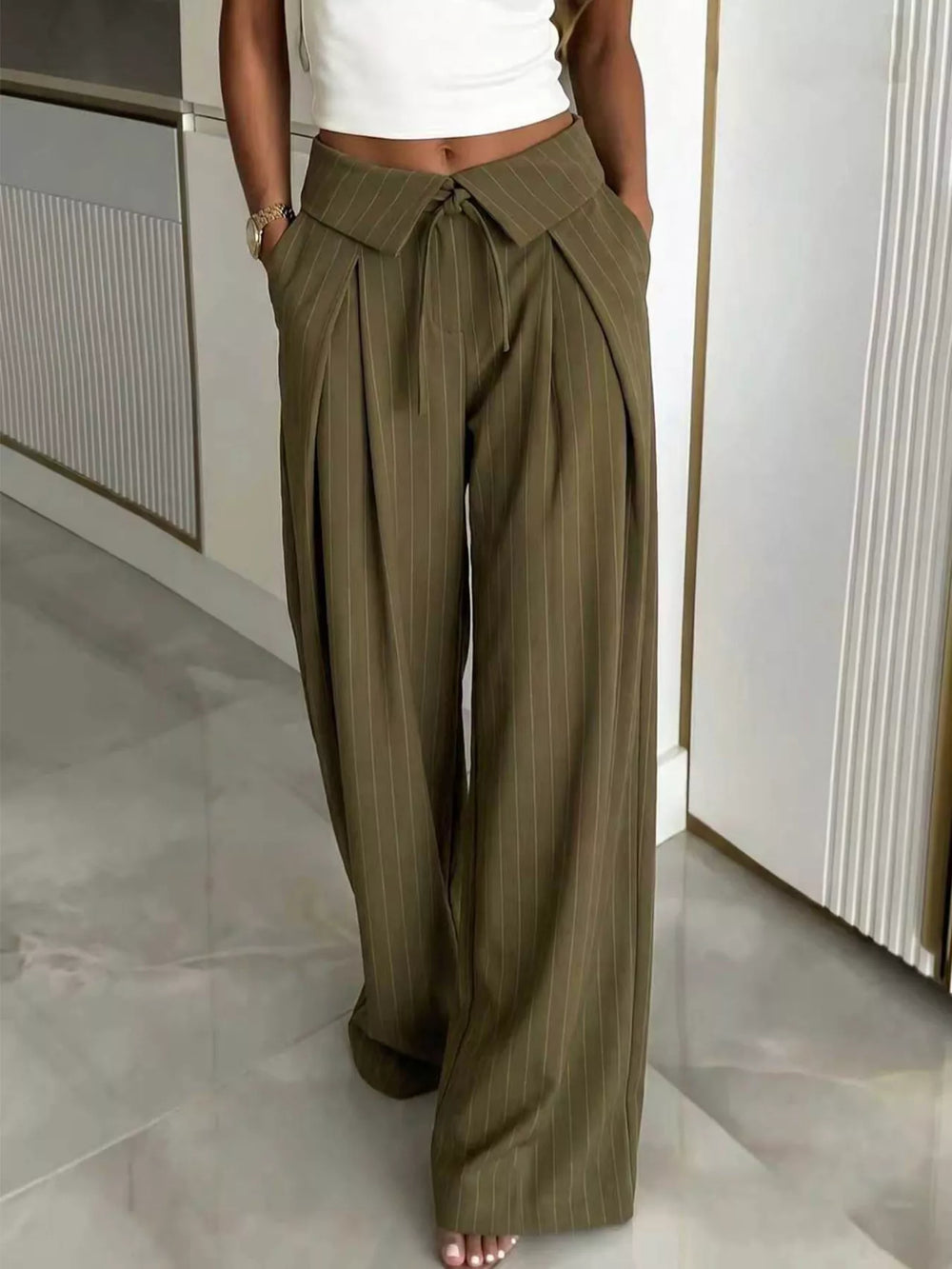 High-Waisted Wide-Leg Pinstripe Pants