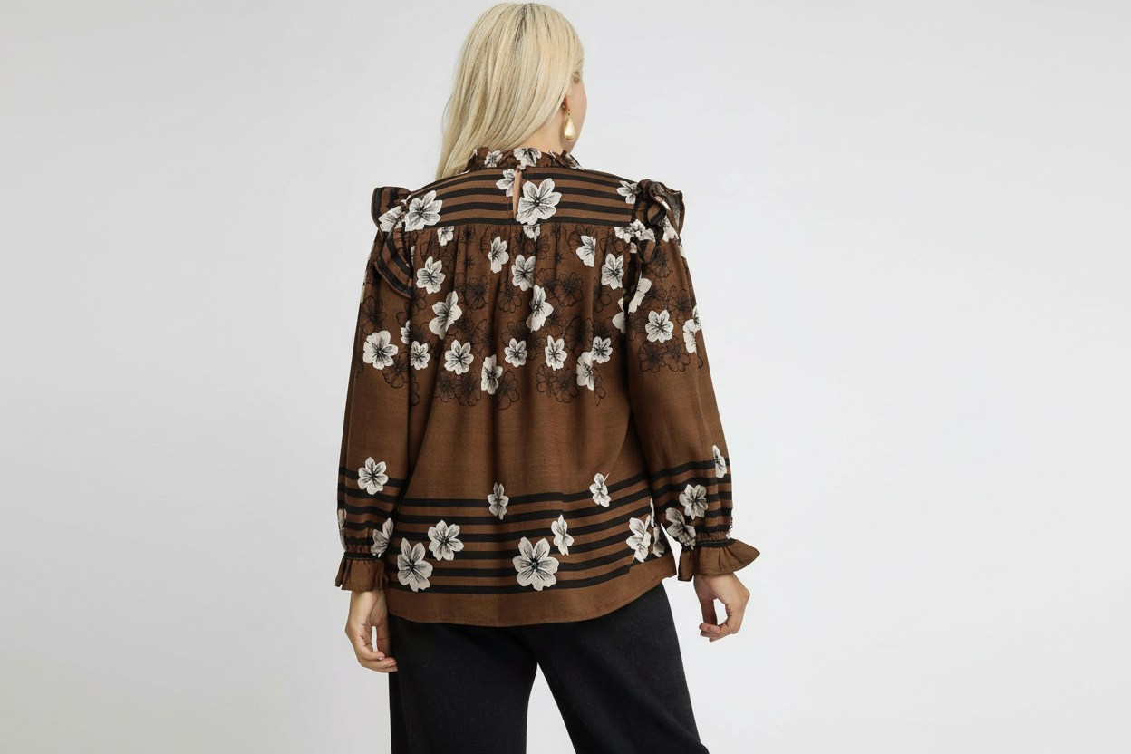 Mix Floral Smocked Ruffle Blouse