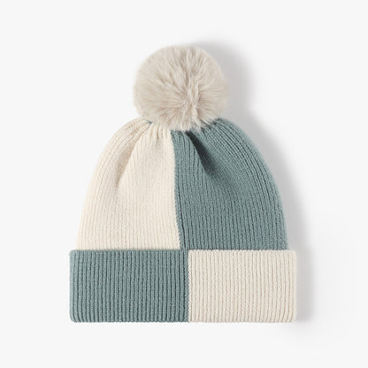 Color Block Knit Hat with Pom-Pom