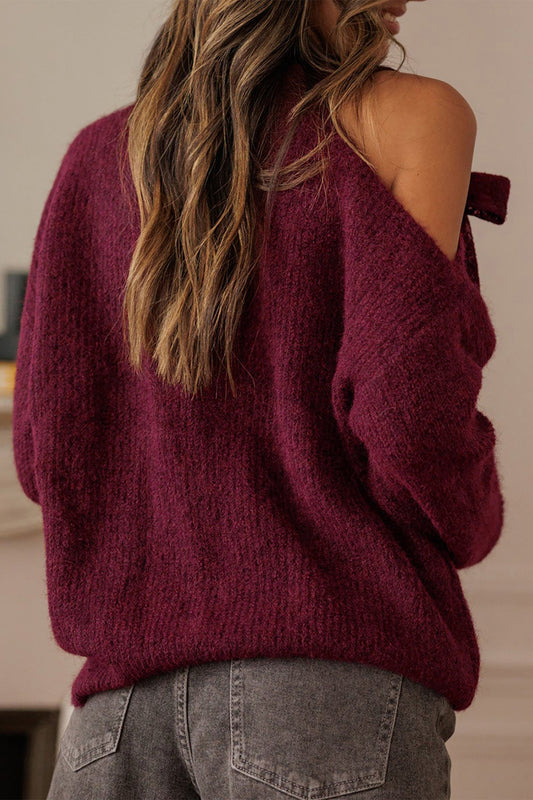 Lace Bowknot Asymmetric Neck Sweater