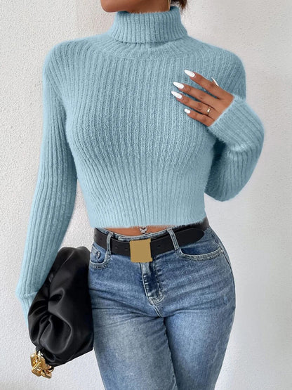 Cropped Ribbed Turtleneck Long Sleeve Sweater