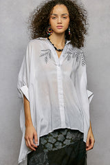 POL Button Down Embroidered Floral High-Low Hem Shirt