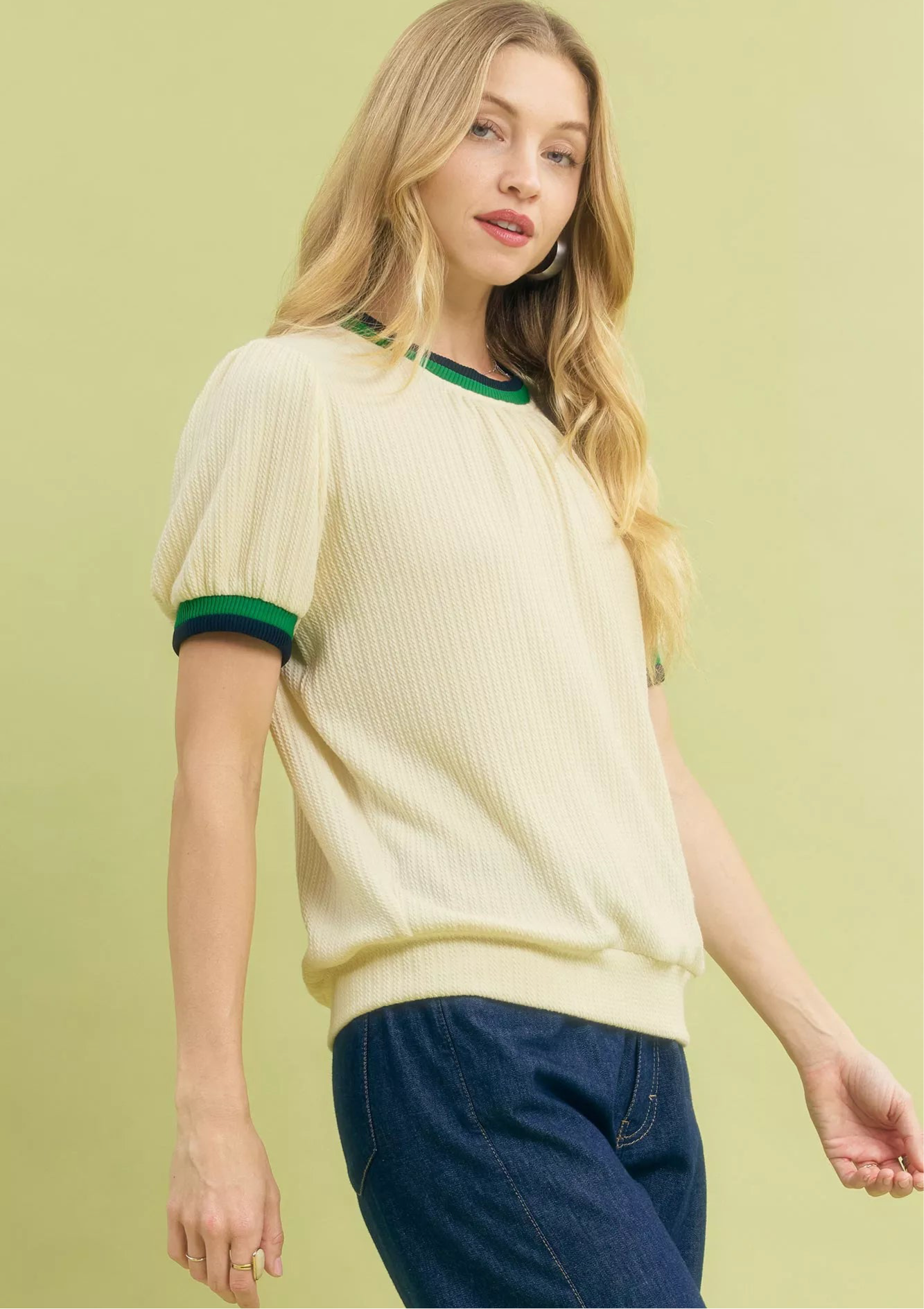 Puff Sleeve Knit Top with Contrast Rib Trim