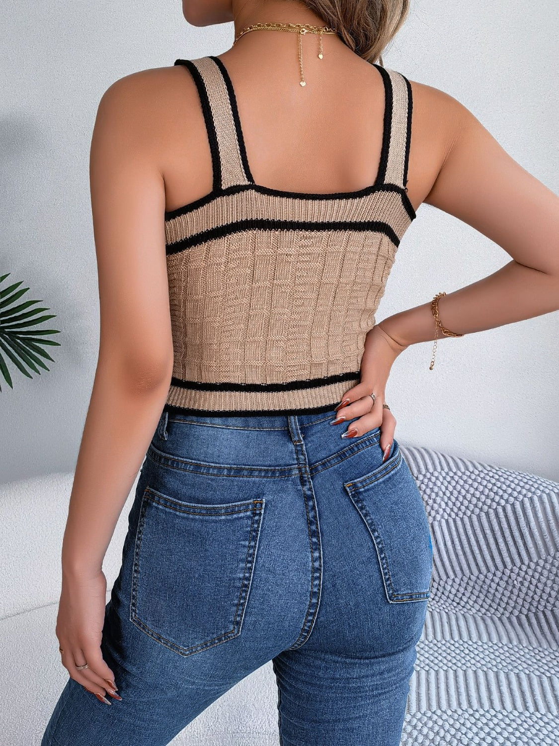 Cropped Decorative Button Wide Strap Knit Cami