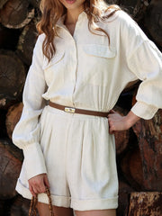 Cotton-Linen Blend Button Front Long Sleeve Romper Shorts