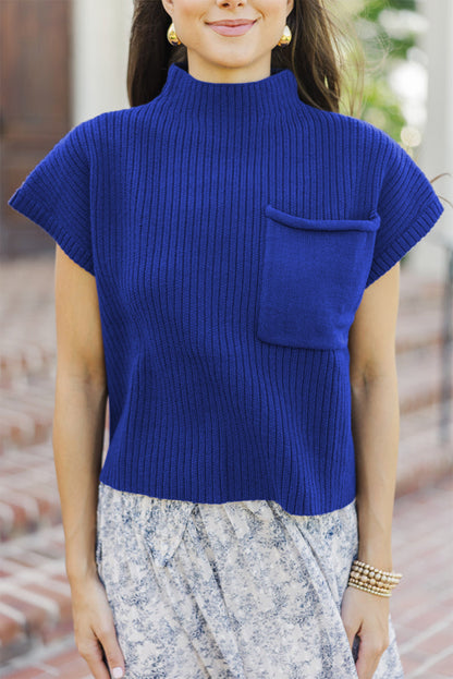 Patch Pocket Ribbed Knit Short Sleeve Sweater