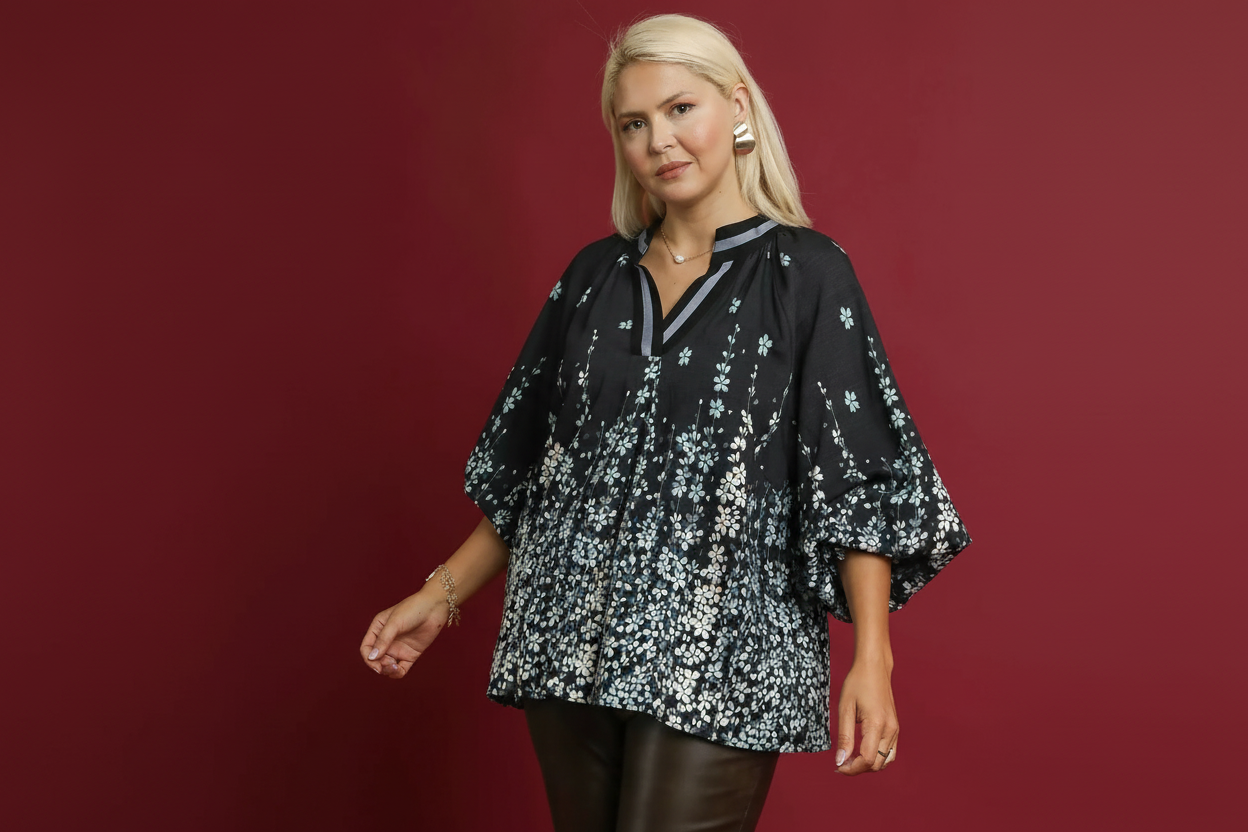 Floral Print Blouse with Balloon Sleeves