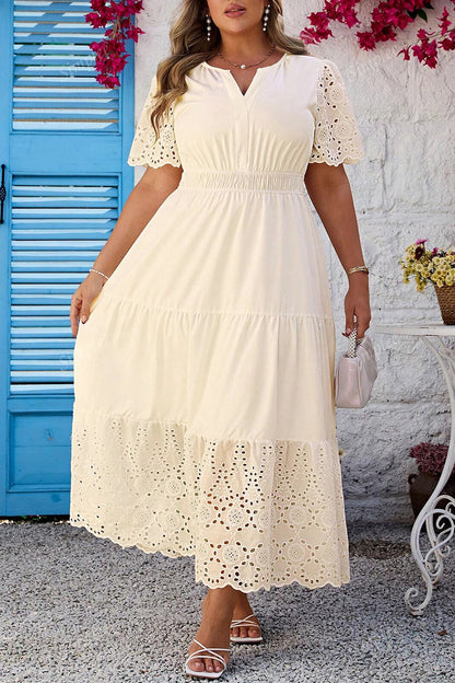 Plus Size Lace Embroidery Short Sleeve Maxi Dress