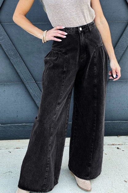 Black High Rise Wide Leg Jeans with Pockets