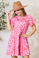 Double Take Printed Short Sleeve Ruffled Tiered Dress